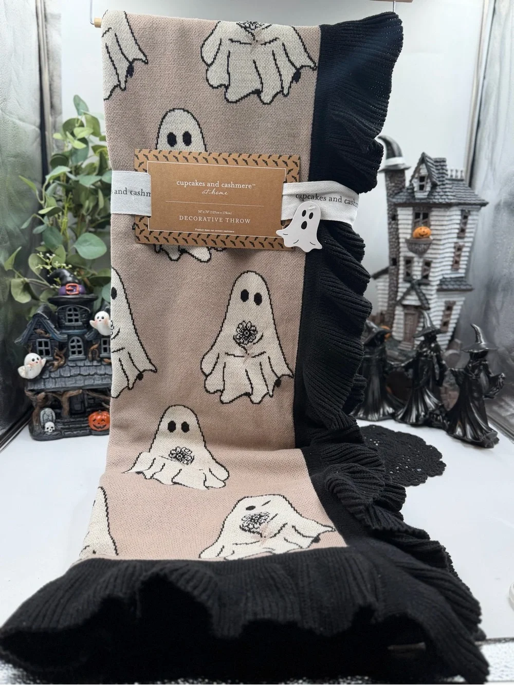 Cupcakes & Cashmere Ghost Knit Ruffle Throw Blanket 50x70 Halloween NWT Viral